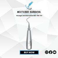 Hourigan Serrated Elevator NES-786-747 stainless steel dental instrument with serrated tip for root and tooth fragment extraction.