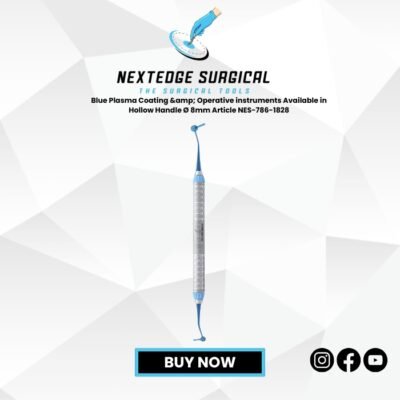 "Blue Plasma Coated Operative Instrument NES-786-1828 with 8mm hollow handle, stainless steel dental surgical tool."