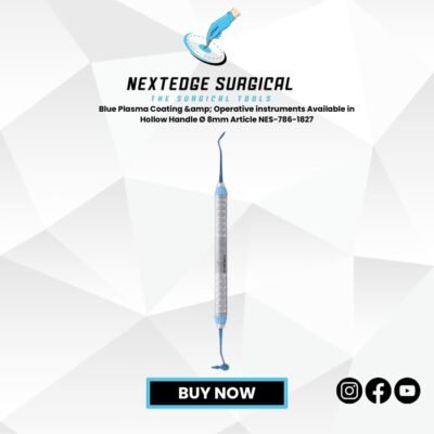 "Blue Plasma Coated Operative Instrument NES-786-1827 with 8mm hollow handle, stainless steel dental surgical tool."