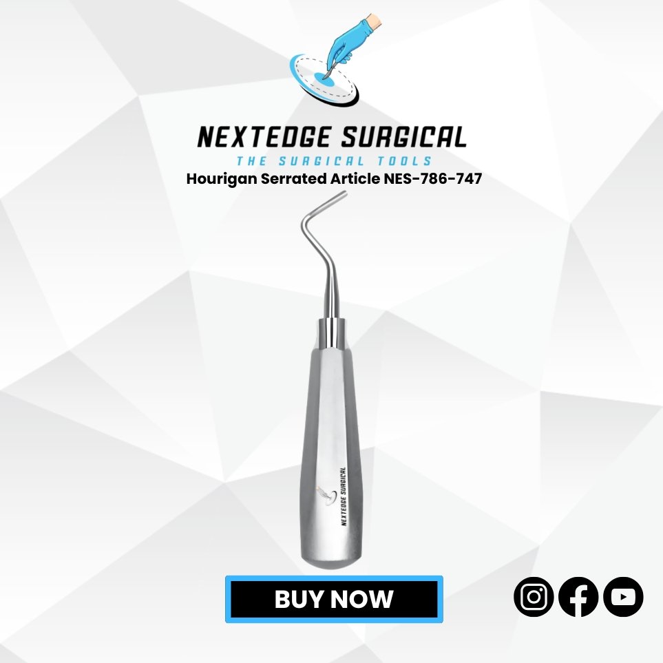 Hourigan Serrated Elevator NES-786-747 stainless steel dental instrument with serrated tip for root and tooth fragment extraction.