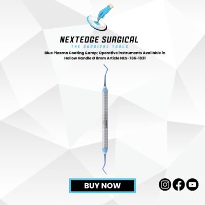 "Blue Plasma Coated Operative Instrument NES-786-1831 with 8mm hollow handle, stainless steel dental surgical tool."