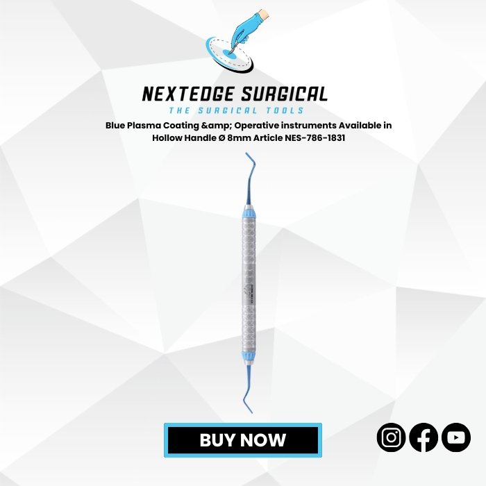 "Blue Plasma Coated Operative Instrument NES-786-1831 with 8mm hollow handle, stainless steel dental surgical tool."