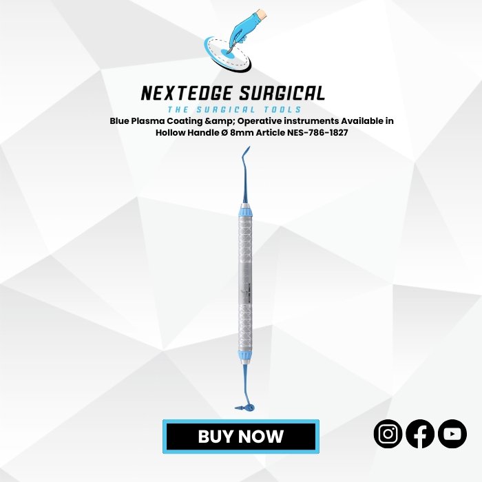 "Blue Plasma Coated Operative Instrument NES-786-1827 with 8mm hollow handle, stainless steel dental surgical tool."
