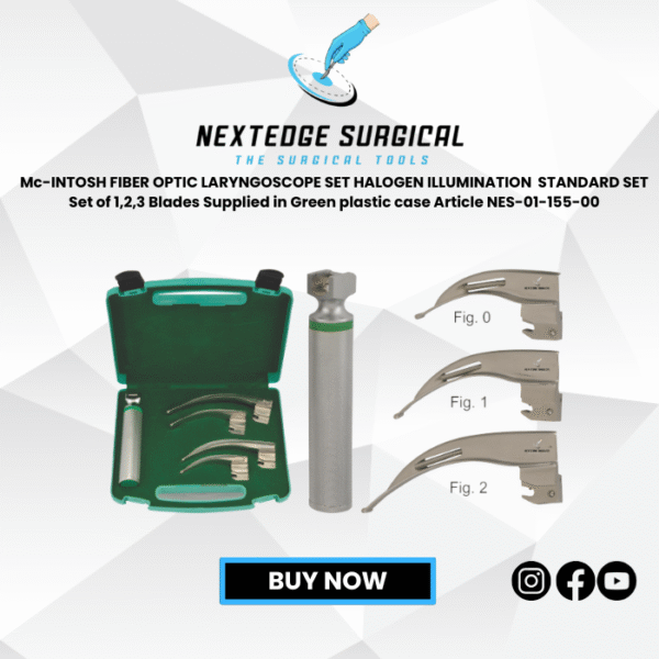 Mc-INTOSH FIBER OPTIC LARYNGOSCOPE SET HALOGEN ILLUMINATION  STANDARD SET Set of 1,2,3 Blades Supplied in Green plastic case Article NES-01-155-00